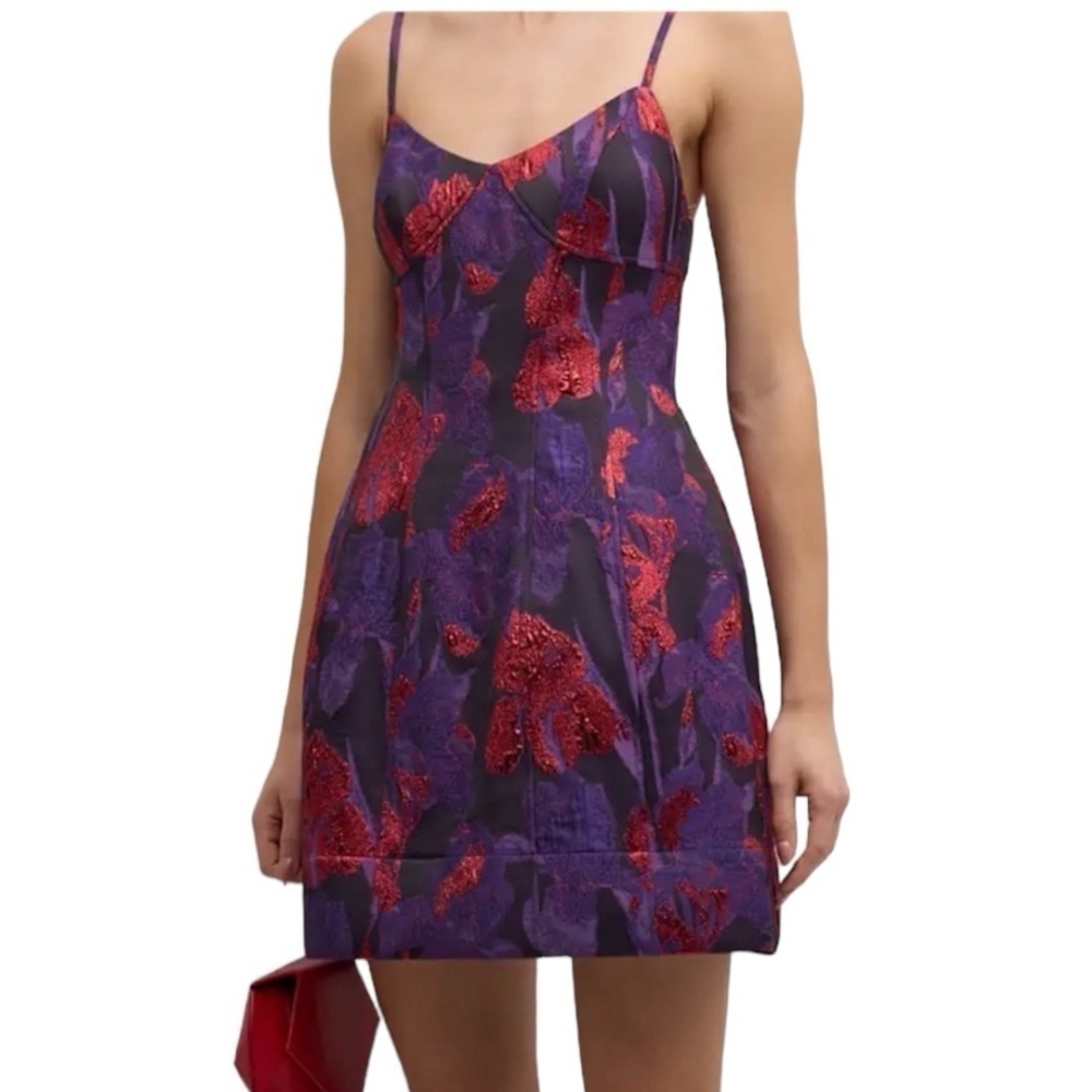 Liv Foster Designer Floral Jacquard Fit & Flare Corset Mini Dress Purple Sz 6 US